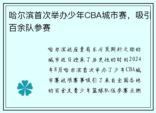 哈尔滨首次举办少年CBA城市赛，吸引百余队参赛