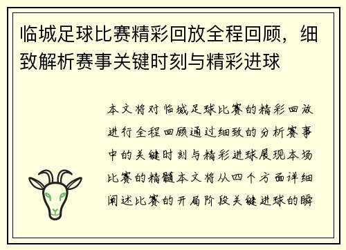 临城足球比赛精彩回放全程回顾，细致解析赛事关键时刻与精彩进球